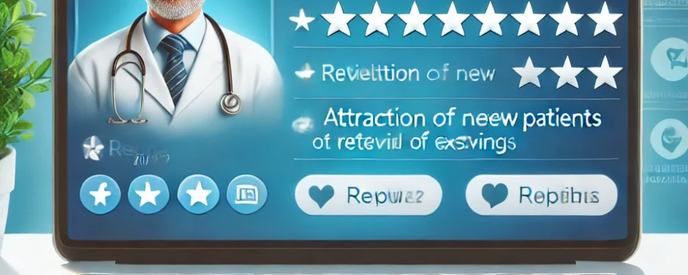 DALL·E 2024-06-29 12.12.55 - Reputation management for doctors shown by a social media profile on a laptop. The screen displays reviews and comments, with a doctor responding posi