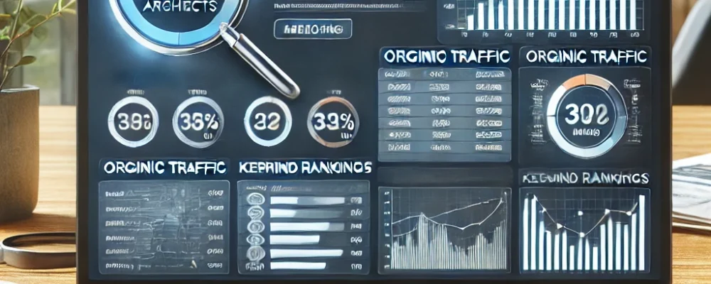 DALL·E 2024-06-29 12.21.00 - SEO for architects shown by a laptop screen displaying an SEO dashboard. The dashboard includes metrics like organic traffic, keyword rankings, and se